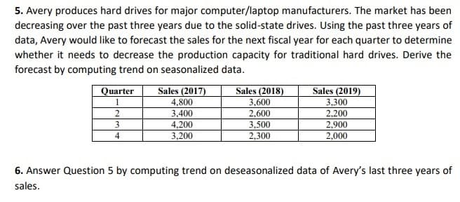 5. Avery produces hard drives for major computer/laptop manufacturers. The market has been
decreasing over the past three years due to the solid-state drives. Using the past three years of
data, Avery would like to forecast the sales for the next fiscal year for each quarter to determine
whether it needs to decrease the production capacity for traditional hard drives. Derive the
forecast by computing trend on seasonalized data.
Quarter
Sales (2017)
Sales (2018)
Sales (2019)
1
4,800
3,400
4,200
3,200
3,600
2,600
3,500
3,300
2,200
2,900
2,000
4
2,300
6. Answer Question 5 by computing trend on deseasonalized data of Avery's last three years of
sales.
