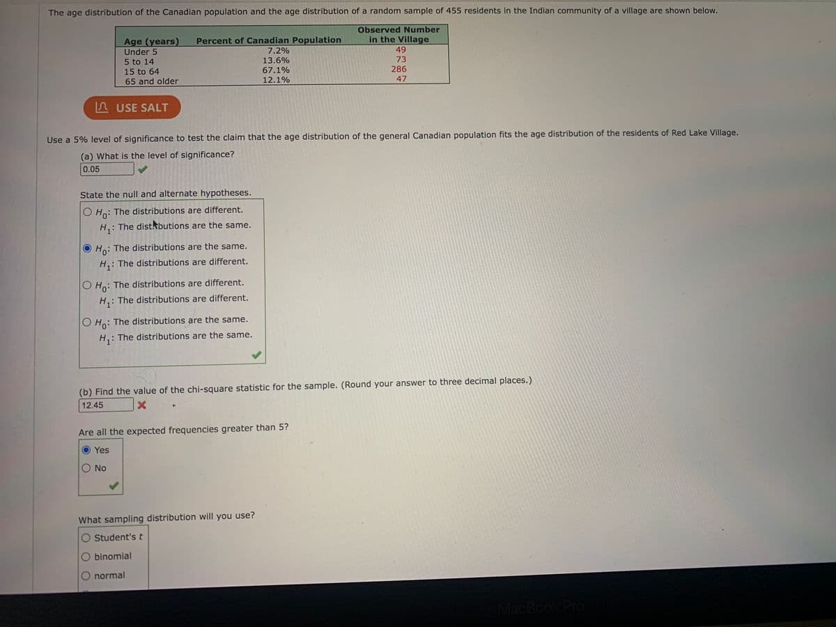 The age distribution of the Canadian population and the age distribution of a random sample of 455 residents in the Indian community of a village are shown below.
Observed Number
Percent of Canadian Population
in the Village
Age (years)
Under 5
7.2%
49
5 to 14
13.6%
73
15 to 64
67.1%
286
65 and older
12.1%
47
A USE SALT
Use a 5% level of significance to test the claim that the age distribution of the general Canadian population fits the age distribution of the residents of Red Lake Village.
(a) What is the level of significance?
0.05
State the null and alternate hypotheses.
Ho: The distributions are different.
H,: The distabutions are the same.
O Ho: The distributions are the same.
H,: The distributions are different.
O Ho: The distributions are different.
H,: The distributions are different.
O Ho: The distributions are the same.
The distributions are the same.
(b) Find the value of the chi-square statistic for the sample. (Round your answer to three decimal places.)
12.45
Are all the expected frequencies greater than 5?
O Yes
O No
What sampling distribution will you use?
O Student'st
O binomial
normal
MacBook Pro
