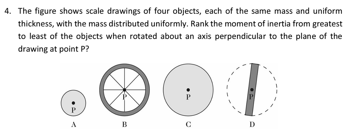 4. The figure shows scale drawings of four objects, each of the same mass and uniform
thickness, with the mass distributed uniformly. Rank the moment of inertia from greatest
to least of the objects when rotated about an axis perpendicular to the plane of the
drawing at point P?
a
A
B
с
