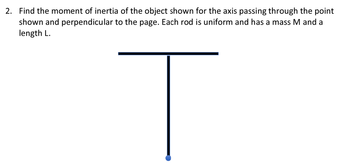 2. Find the moment of inertia of the object shown for the axis passing through the point
shown and perpendicular to the page. Each rod is uniform and has a mass M and a
length L.
T