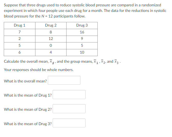 Suppose that three drugs used to reduce systolic blood pressure are compared in a randomized
experiment in which four people use each drug for a month. The data for the reductions in systolic
blood pressure for the N = 12 participants follow.
Drug 1
Drug 2
Drug 3
7
8
16
2
12
5
5
6
4
10
Calculate the overall mean, X, and the group means, X, , 2, and X3 .
Your responses should be whole numbers.
What is the overall mean?
What is the mean of Drug 1?
What is the mean of Drug 2?
What is the mean of Drug 3?
