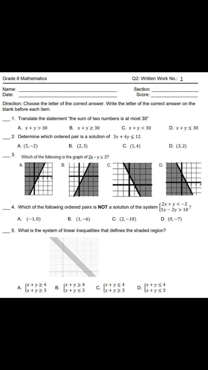 Grade 8 Mathematics
Q2: Written Work No.: 1
Name:
Section:
Score:
Date:
Direction: Choose the letter of the correct answer. Write the letter of the correct answer on the
blank before each item.
1. Translate the statement “the sum of two numbers is at most 30"
A. x+ y> 30
B. x+y 2 30
C. x+y< 30
D. x + y< 30
2. Determine which ordered pair is a solution of 3x + 4y s 12.
А. (5, -2)
В. (2,3)
C. (1,4)
D. (3,2)
3.
Which of the following is the graph of 2x - y 2 2?
A.
B.
C.
D.
(2x + y< -2 ,
4. Which of the following ordered pairs is NOT a solution of the system 5x – 2v > 10?
A. (-1,0)
В. (1,-6)
C. (2,–10)
D. (0,–7)
5. What is the system of linear inequalities that defines the shaded region?
Jx + y2 4
{x +y 2 3
fx + y 2 4
lx + y< 3
(x + ys 4
{x + y 2 3
c.
fx +y<4
D.
lx +y< 3
