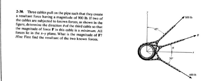 2-30. Three cables pull on the pipe such that they create
a resultant force having a magnitude of 900 lb. If two of
the cables are subjected to known forces, as shown in the
figure, determine the direction @ of the third cable so that
the magnitude of force F in this cable is a minimum. All
forces lie in the x-y plane. What is the magnitude of F?
Hint: First find the resultant of the two known forces.
600 lb
400 Ib
