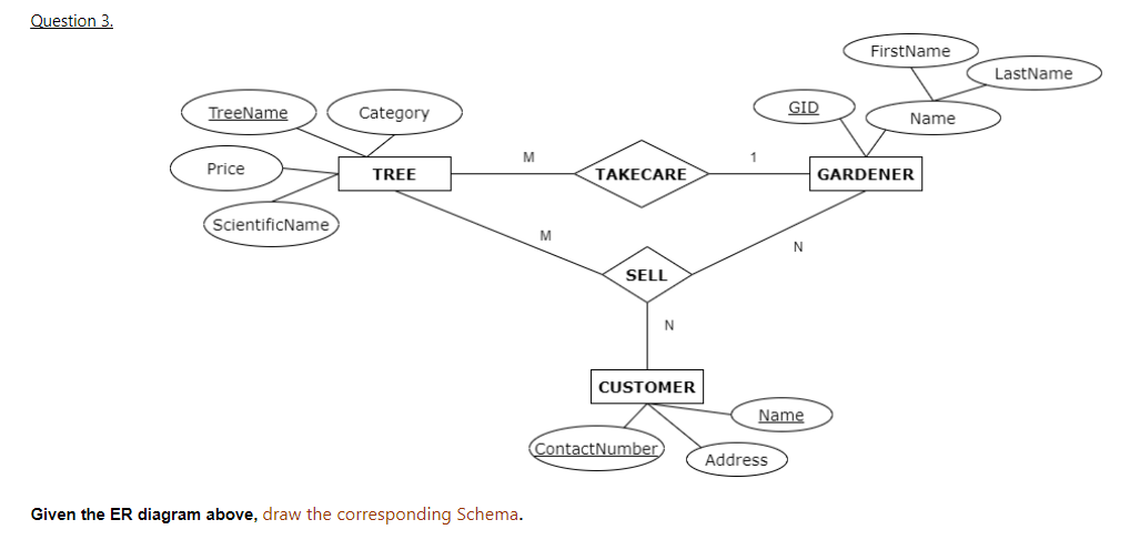 Question 3.
FirstName
LastName
TreeName
Category
GID
Name
M
1
Price
TREE
TAKECARE
GARDENER
ScientificName
M
SELL
CUSTOMER
Name
ContactNumber
Address
Given the ER diagram above, draw the corresponding Schema.
