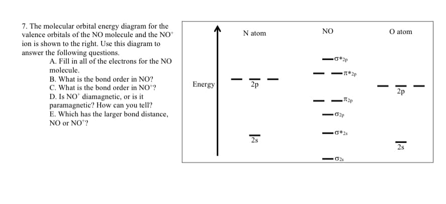 7. The molecular orbital energy diagram for the
valence orbitals of the NO molecule and the NO*
N atom
NO
O atom
ion is shown to the right. Use this diagram to
answer the following questions.
A. Fill in all of the electrons for the NO
2p
molecule.
B. What is the bond order in NO?
C. What is the bond order in NO*?
D. Is NO* diamagnetic, or is it
paramagnetic? How can you tell?
E. Which has the larger bond distance,
NO or NO"?
Energy
2p
2p
O25
2s
2s
O2s
