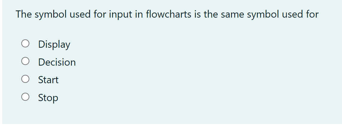 The symbol used for input in flowcharts is the same symbol used for
O Display
O Decision
Start
O Stop
