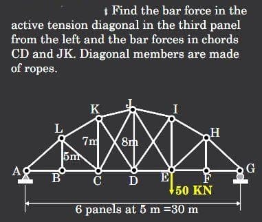 t Find the bar force in the
active tension diagonal in the third panel
from the left and the bar forces in chords
CD and JK. Diagonal members are made
of ropes.
K
L
7m
5m
H
8m
G
E
50 KN
B
C
6 panels at 5 m =30 m
