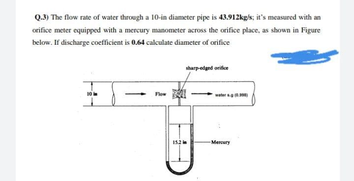 Q.3) The flow rate of water through a 10-in diameter pipe is 43.912kg/s; it's measured with an
orifice meter equipped with a mercury manometer across the orifice place, as shown in Figure
below. If discharge coefficient is 0.64 calculate diameter of orifice
10 in
Flow
sharp-edged orifice
15.2 in
water s.g (0.998)
Mercury