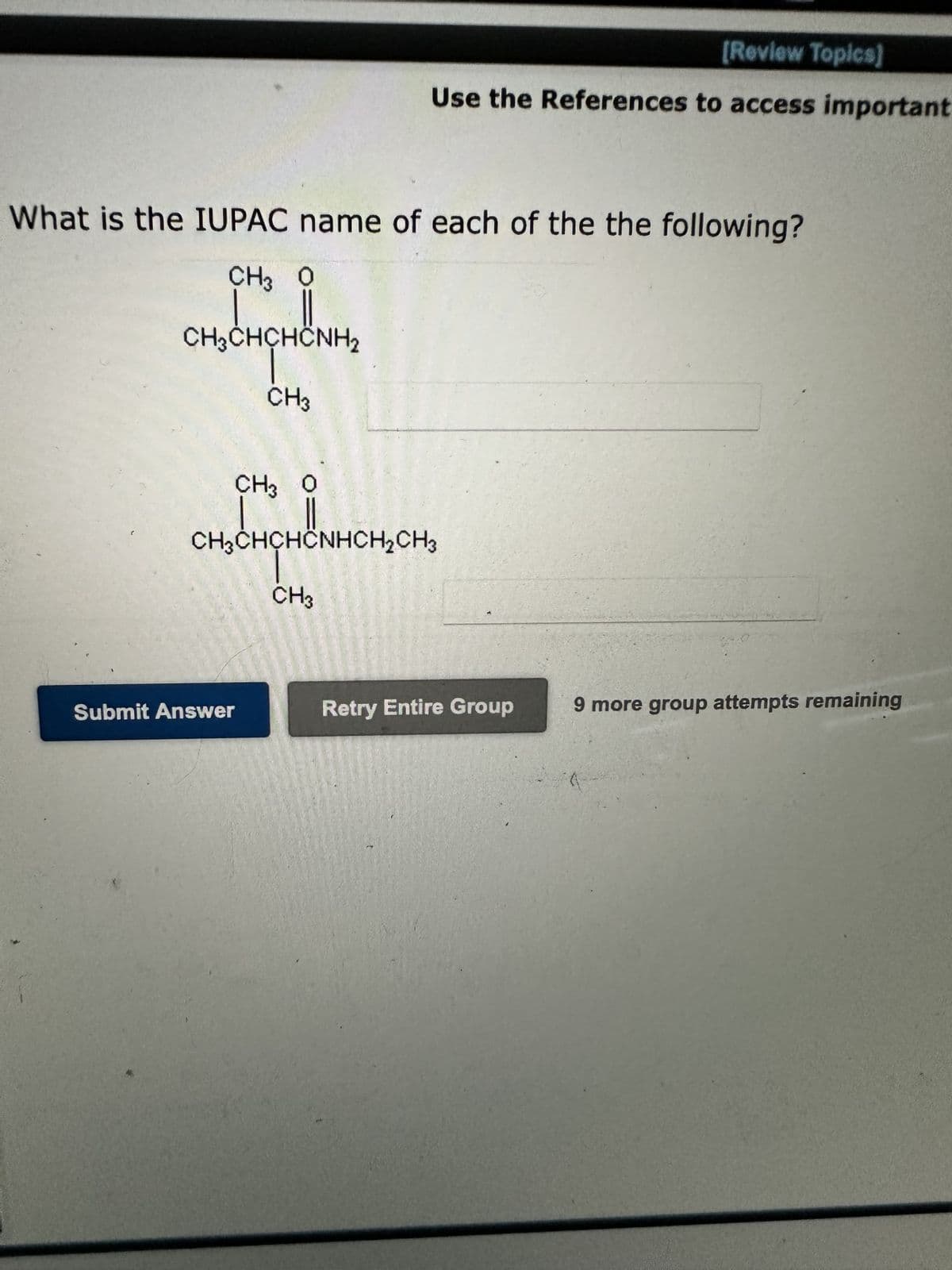 What is the IUPAC name of each of the the following?
CH3 O
La
CH3CHCHCNH₂
T
[Review Topics]
Use the References to access important
CH3
Submit Answer
CH3 O
||
CH3CHCHCNHCH₂CH3
CH3
Retry Entire Group
9 more group attempts remaining