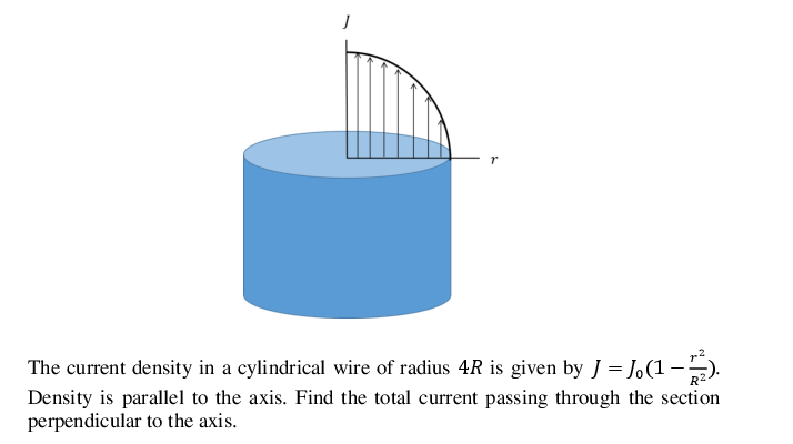 The current density in a cylindrical wire of radius 4R is given by = J.(1 -).
Density is parallel to the axis. Find the total current passing through the section
perpendicular to the axis.
