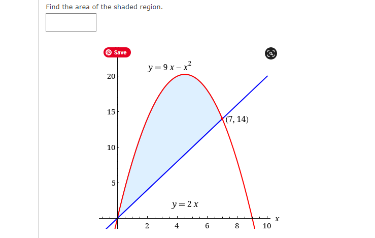 Find the area of the shaded region.
Save
y = 9 x – x?
20
15
(7, 14)
10
5
y= 2 x
4
10
Co
