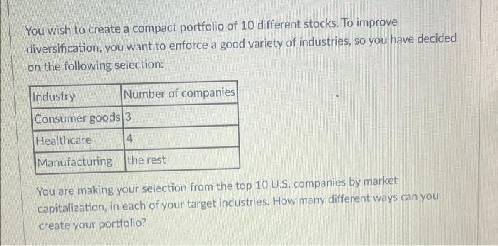 You wish to create a compact portfolio of 10 different stocks. To improve
diversification, you want to enforce a good variety of industries, so you have decided
on the following selection:
Number of companies
Industry
Consumer goods 3
Healthcare
4
Manufacturing
the rest
You are making your selection from the top 10 U.S. companies by market
capitalization, in each of your target industries. How many different ways can you
create your portfolio?