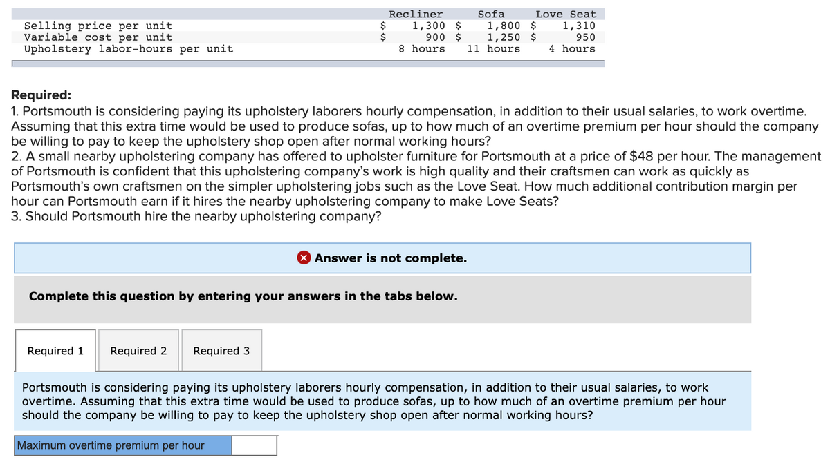 Recliner
Sofa
Love Seat
Selling price per unit
Variable cost per unit
Upholstery labor-hours per unit
1,800 $
1,250 $
11 hours
$
1,300 $
900 $
8 hours
1,310
950
4 hours
Required:
1. Portsmouth is considering paying its upholstery laborers hourly compensation, in addition to their usual salaries, to work overtime.
Assuming that this extra time would be used to produce sofas, up to how much of an overtime premium per hour should the company
be willing to pay to keep the upholstery shop open after normal working hours?
2. A small nearby upholstering company has offered to upholster furniture for Portsmouth at a price of $48 per hour. The management
of Portsmouth is confident that this upholstering company's work is high quality and their craftsmen can work as quickly as
Portsmouth's own craftsmen on the simpler upholstering jobs such as the Love Seat. How much additional contribution margin per
hour can Portsmouth earn if it hires the nearby upholstering company to make Love Seats?
3. Should Portsmouth hire the nearby upholstering company?
Answer is not complete.
Complete this question by entering your answers in the tabs below.
Required 1
Required 2
Required 3
Portsmouth is considering paying its upholstery laborers hourly compensation, in addition to their usual salaries, to work
overtime. Assuming that this extra time would be used to produce sofas, up to how much of an overtime premium per hour
should the company be willing to pay to keep the upholstery shop open after normal working hours?
Maximum overtime premium per hour
