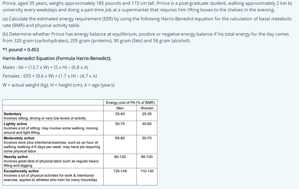 Prince, aged 35 years, weighs approximately 185 pounds and 173 cm tall. Prince is a post-graduate student, walking approximately 2 km to
university every weekdays and doing a part-time job at a supermarket that requires him lifting boxes to the shelves in the evening.
(a) Calculate the estimated energy requirement (EER) by using the following Harris-Benedict equation for the calculation of basal metabolic
rate (BMR) and physical activity table.
(b) Determine whether Prince has energy balance at equilibrium, positive or negative energy balance if his total energy for the day comes
from 320 gram (carbohydrates), 205 gram (proteins), 90 gram (fats) and 58 gram (alcohol).
*1 pound = 0.453
Harris-Benedict Equation (Formula Harris-Benedict):
Males : 66 + (13.7 x W) + (5 x H) - (6.8 x A)
Females : 655 + (9.6 x W) + (1.7 x H) – (4.7 x A)
W = actual weight (kg), H = height (cm), A = age (years)
Energy cost of PA (% of BMR)
Men
Women
Sedentary
Involves sitting, driving or very low levels of activity
25-40
25-35
50-70
40-60
Lightly active
Involves a lot of sitting, may involve some walking, moving
around and light lifting
Moderately active
Involves work plus intentional exercise, such as an hour of
walking /walking 4-5 days per week, may have job requiring
some physical labor
65-80
50-70
Heavily active
Involves great deal of physical labor such as regular heavy
lifting and digging
90-120
80-100
Exceptionally active
Involves a lot of physical activities for work
exercise, applies to athletes who train for many hours/day
130-145
110-130
intentional
