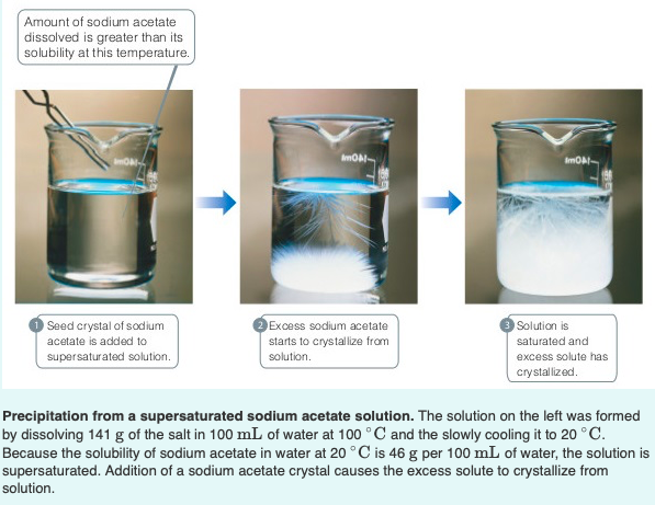 Amount of sodium acetate
dissolved is greater than its
solubility at this temperature.
mO-
ImO
Seed crystal of sodium
Excess sodium acetate
starts to crystallize from
Solution is
acetate is added to
saturated and
supersaturated solution.
solution.
excess solute has
crystallized.
Precipitation from a supersaturated sodium acetate solution. The solution on the left was formed
by dissolving 141 g of the salt in 100 mL of water at 100 °C and the slowly cooling it to 20 °C.
Because the solubility of sodium acetate in water at 20 °C is 46 g per 100 mL of water, the solution is
supersaturated. Addition of a sodium acetate crystal causes the excess solute to crystallize from
solution.
