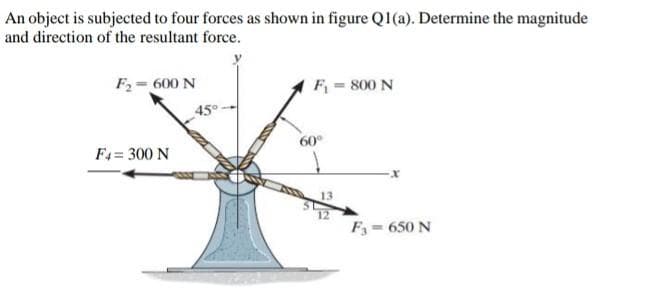 An object is subjected to four forces as shown in figure Q1(a). Determine the magnitude
and direction of the resultant force.
F2= 600 N
F = 800 N
45°-
60
F4= 300 N
13
12
F = 650 N
