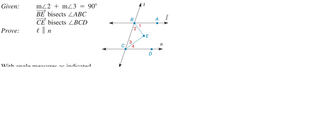 Given:
mZ2 + mZ3 =
90°
BE bisects ABC
CE bisects ZBCD
e l| n
B
Prove:
3
C
With anale meacures as indicated.
