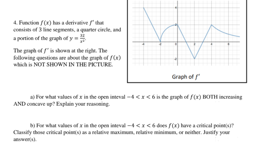 4. Function f(x) has a derivative f' that
consists of 3 line segments, a quarter circle, and
32
a portion of the graph of y =
-2
The graph of f' is shown at the right. The
following questions are about the graph of f(x)
which is NOT SHOWN IN THE PICTURE.
Graph of f'
a) For what values of x in the open inteval –4 < x < 6 is the graph of f (x) BOTH increasing
AND concave up? Explain your reasoning.
b) For what values of x in the open inteval –4 < x < 6 does f(x) have a critical point(s)?
Classify those critical point(s) as a relative maximum, relative minimum, or neither. Justify your
answer(s).
