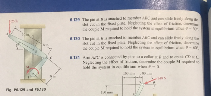 25 lb
10 in.
B
6 in.
Fig. P6.129 and P6.130
8 in.
6.129 The pin at B is attached to member ABC and can slide freely along the
slot cut in the fixed plate. Neglecting the effect of friction, determine
the couple M required to hold the system in equilibrium when = 30°.
6.130 The pin at B is attached to member ABC and can slide freely along the
slot cut in the fixed plate. Neglecting the effect of friction, determine
the couple M required to hold the system in equilibrium when 0 = 60°.
6.131 Arm ABC is connected by pins to a collar at B and to crank CD at C.
Neglecting the effect of friction, determine the couple M required to
hold the system in equilibrium when 9 = 0.
160 mm
90 mm
180 mm
A
240 N
