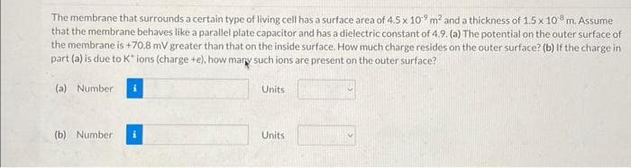 The membrane that surrounds a certain type of living cell has a surface area of 4.5 x 10 m² and a thickness of 1.5 x 108 m. Assume
that the membrane behaves like a parallel plate capacitor and has a dielectric constant of 4.9. (a) The potential on the outer surface of
the membrane is +70.8 mV greater than that on the inside surface. How much charge resides on the outer surface? (b) If the charge in
part (a) is due to K* ions (charge +e), how many such ions are present on the outer surface?
(a) Number
(b) Number
Units
Units