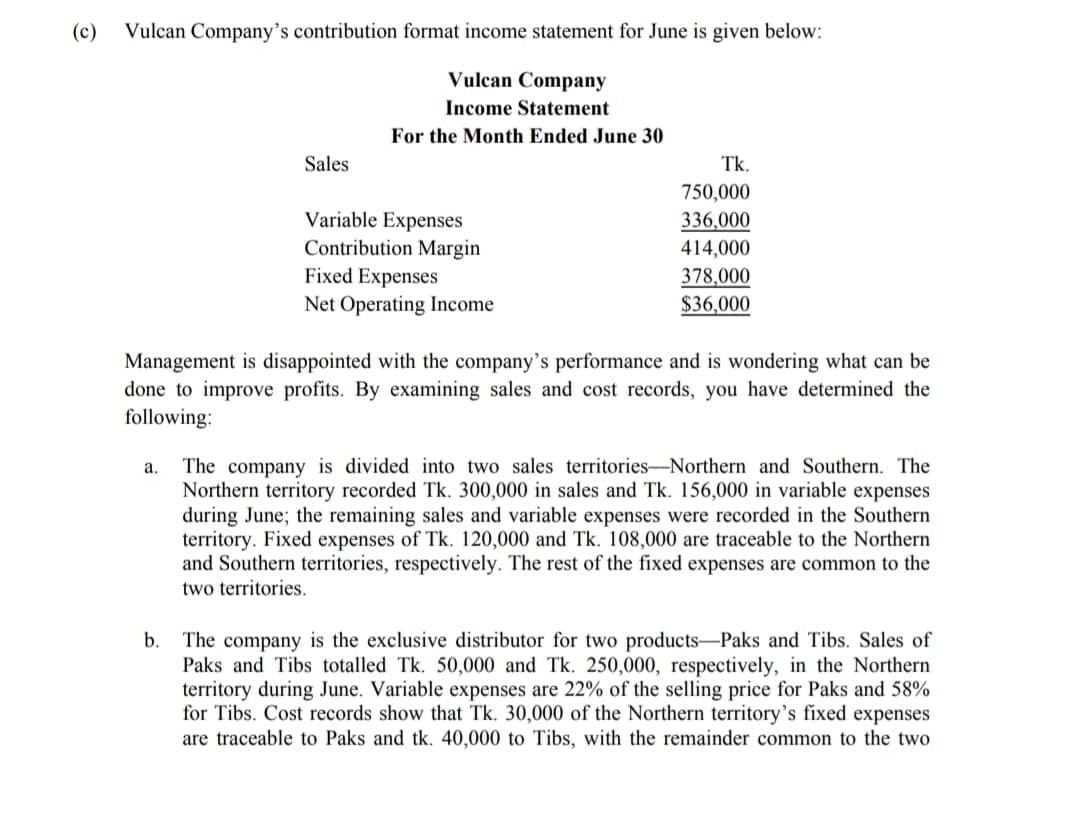 (c)
Vulcan Company's contribution format income statement for June is given below:
Vulcan Company
Income Statement
For the Month Ended June 30
Sales
Tk.
750,000
Variable Expenses
Contribution Margin
Fixed Expenses
336,000
414,000
378,000
$36,000
Net Operating Income
Management is disappointed with the company's performance and is wondering what can be
done to improve profits. By examining sales and cost records, you have determined the
following:
The company is divided into two sales territories-Northern and Southern. The
Northern territory recorded Tk. 300,000 in sales and Tk. 156,000 in variable expenses
during June; the remaining sales and variable expenses were recorded in the Southern
territory. Fixed expenses of Tk. 120,000 and Tk. 108,000 are traceable to the Northern
and Southern territories, respectively. The rest of the fixed expenses are common to the
two territories.
а.
b.
The company is the exclusive distributor for two products-Paks and Tibs. Sales of
Paks and Tibs totalled Tk. 50,000 and Tk. 250,000, respectively, in the Northern
territory during June. Variable expenses are 22% of the selling price for Paks and 58%
for Tibs. Cost records show that Tk. 30,000 of the Northern territory's fixed expenses
are traceable to Paks and tk. 40,000 to Tibs, with the remainder common to the two
