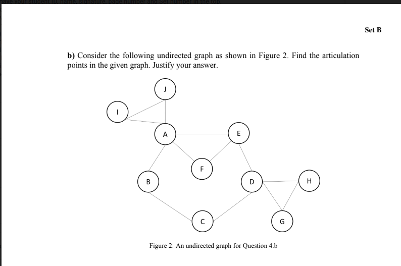 b) Consider the following undirected graph as shown in Figure 2. Find the articulation
points in the given graph. Justify your answer.
E
F
B
D
H
G
Figure 2: An undirected graph for Question 4.b
