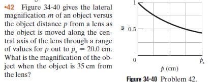 •42 Figure 34-40 gives the lateral
magnification m of an object versus
the object distance p from a lens as
the object is moved along the cen-
tral axis of the lens through a range
of values for p out to p, = 20.0 cm.
What is the magnification of the ob-
ject when the object is 35 cm from
the lens?
E 0.5
p (cm)
Figure 34-40 Problem 42.

