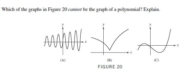 Which of the graphs in Figure 20 cannot be the graph of a polynomial? Explain.
х
(A)
(B)
(C)
FIGURE 20
