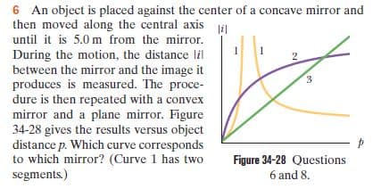 6 An object is placed against the center of a concave mirror and
then moved along the central axis
until it is 5.0 m from the mirror.
During the motion, the distance lil
between the mirror and the image it
produces is measured. The proce-
dure is then repeated with a convex
mirror and a plane mirror. Figure
34-28 gives the results versus object
distance p. Which curve corresponds
to which mirror? (Curve 1 has two
segments.)
3.
Figure 34-28 Questions
6 and 8.
ి
