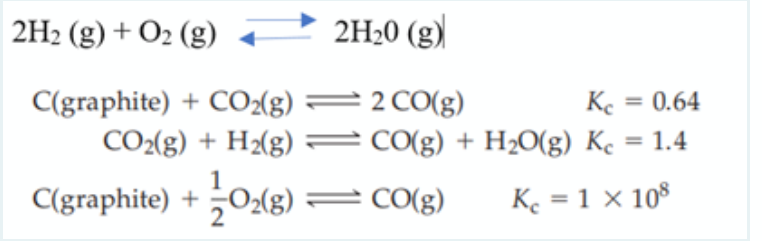 2H2 (g) + O2 (g)
2H20 (g)
C(graphite) + COz{g) =2 CO(g)
CO2(g) + H2(g) =C0(g) + H2O(g) Ke = 1.4
Ke = 0.64
%3D
%3D
1
C(graphite) +O:(g)=cO(g)
Ke = 1 × 10®
