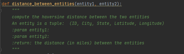 def distance between entities(entity1, entity2):
compute the haversine distance between the two entities
An entity is a tuple: (ID, City, State, Latitude, Longitude)
:param entity1:
:param entity2:
:return: the distance (in miles) between the entities
