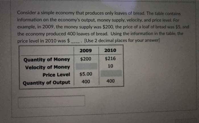 Consider a simple economy that produces only loaves of bread. The table contains
information on the economy's output, money supply, velocity, and price level. For
example, in 2009, the money supply was $200, the price of a loaf of bread was $5, and
the economy produced 400 loaves of bread. Using the information in the table, the
price level in 2010 was $ . [Use 2 decimal places for your answer]
2009
2010
Quantity of Money
$200
$216
10
Velocity of Money
Price Level
$5.00
400
400
Quantity of Output
