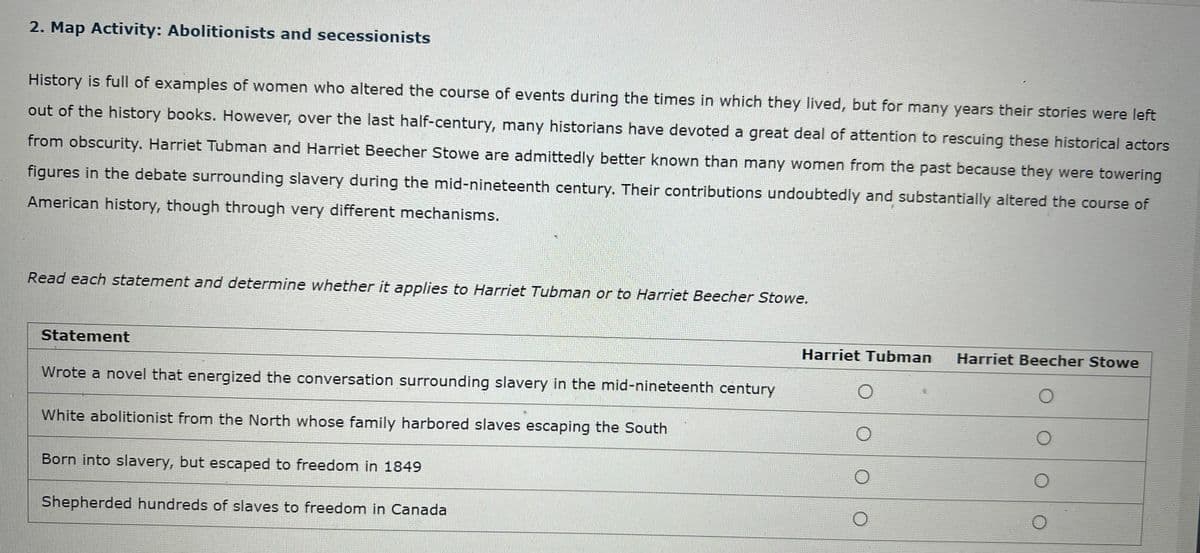 2. Map Activity: Abolitionists and secessionists
History is full of examples of women who altered the course of events during the times in which they lived, but for many years their stories were left
out of the history books. However, over the last half-century, many historians have devoted a great deal of attention to rescuing these historical actors
from obscurity. Harriet Tubman and Harriet Beecher Stowe are admittedly better known than many women from the past because they were towering
figures in the debate surrounding slavery during the mid-nineteenth century. Their contributions undoubtedly and substantially altered the course of
American history, though through very different mechanisms.
Read each statement and determine whether it applies to Harriet Tubman or to Harriet Beecher Stowe.
Statement
Harriet Tubman
Harriet Beecher Stowe
Wrote a novel that energized the conversation surrounding slavery in the mid-nineteenth century
White abolitionist from the North whose family harbored slaves escaping the South
Born into slavery, but escaped to freedom in 1849
Shepherded hundreds of slaves to freedom in Canada
