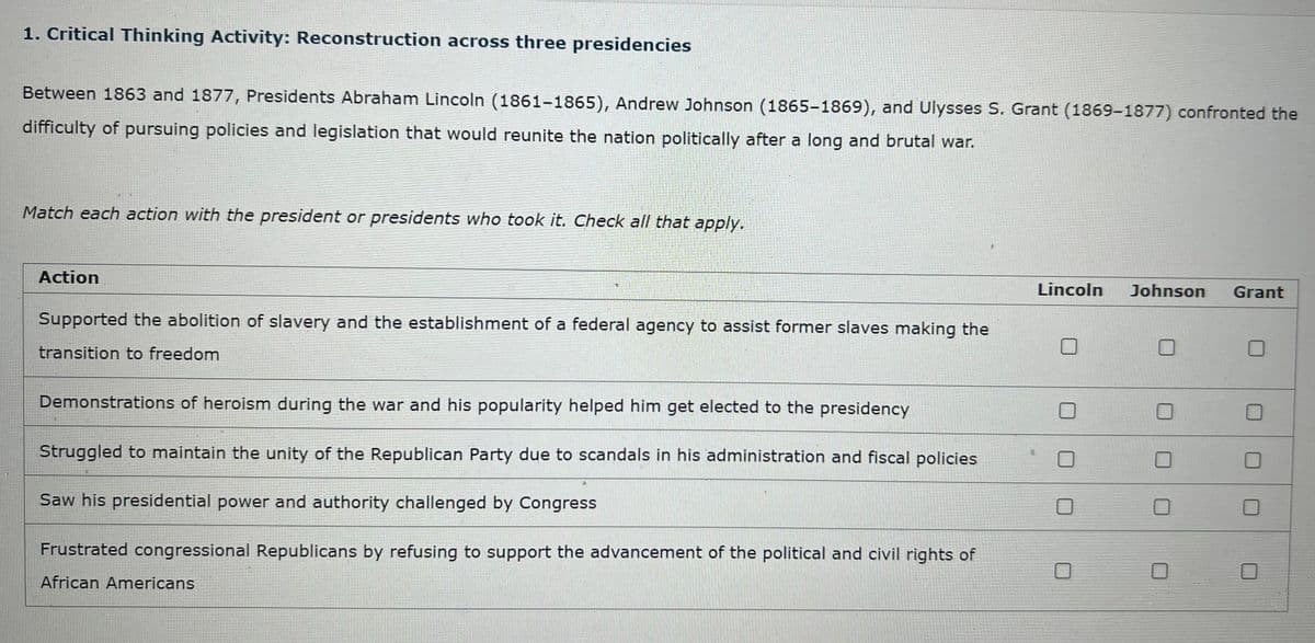 1. Critical Thinking Activity: Reconstruction across three presidencies
Between 1863 and 1877, Presidents Abraham Lincoln (1861-1865), Andrew Johnson (1865-1869), and Ulysses S. Grant (1869-1877) confronted the
difficulty of pursuing policies and legislation that would reunite the nation politically after a long and brutal war.
Match each action with the president or presidents who took it. Check all that apply.
Action
Lincoln
Johnson
Grant
Supported the abolition of slavery and the establishment of a federal agency to assist former slaves making the
transition to freedom
Demonstrations of heroism during the war and his popularity helped him get elected to the presidency
Struggled to maintain the unity of the Republican Party due to scandals in his administration and fiscal policies
Saw his presidential power and authority challenged by Congress
Frustrated congressional Republicans by refusing to support the advancement of the political and civil rights of
African Americans
口口
口|ロ|□
口|□|□| □
