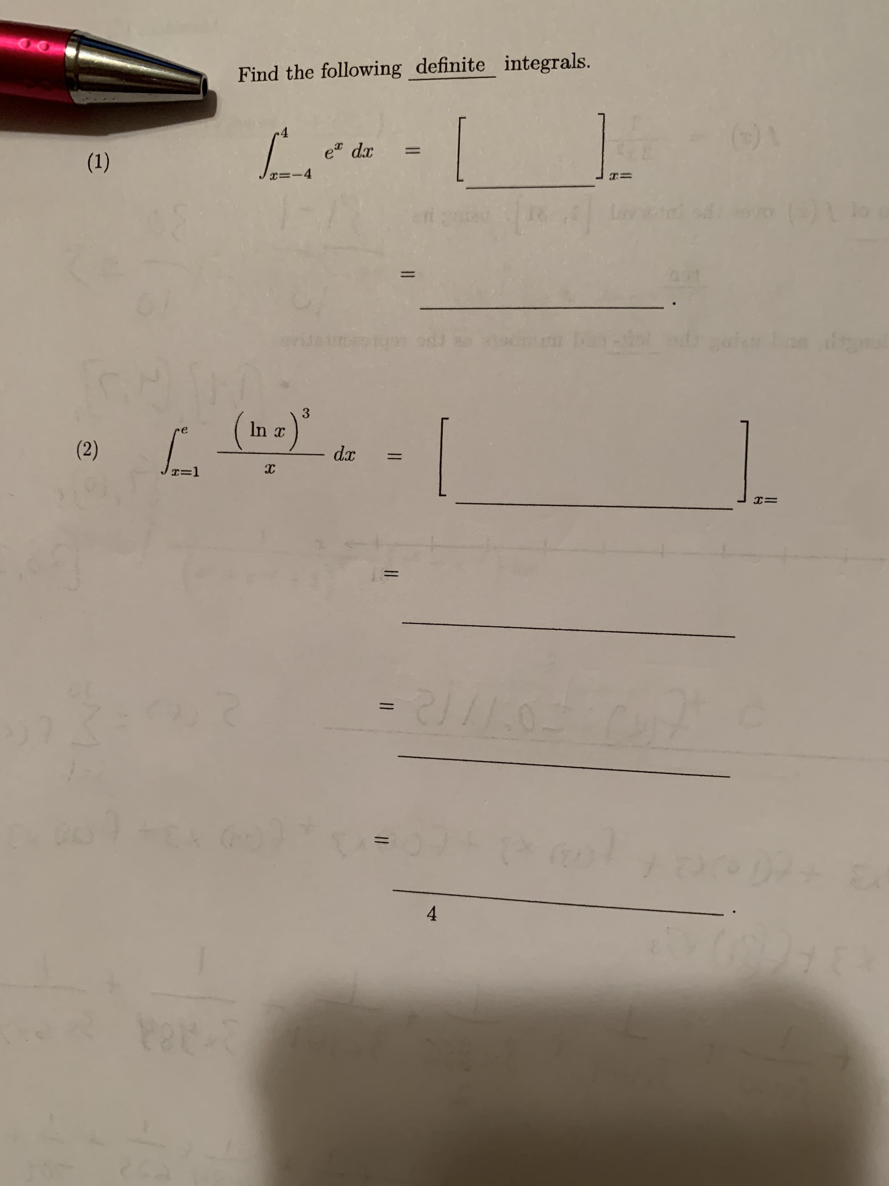 Find the following definite integrals.
e" dx
x=-4
3
In x
d.x
x=D1
|3D
