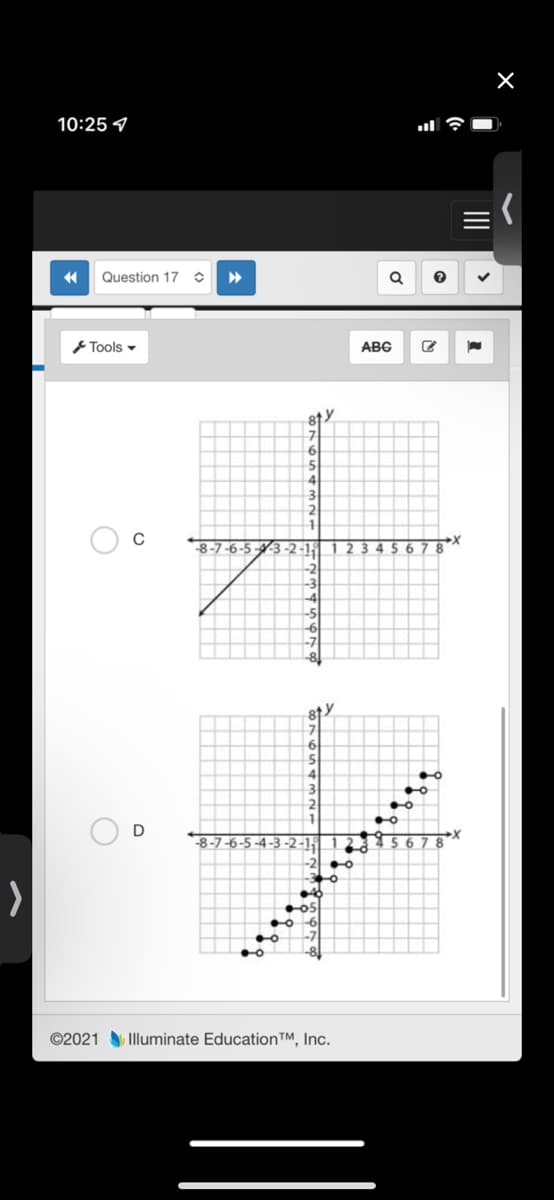 10:25 9
Question 17
Tools -
ABG
81.
-2
-8-7-6-5--3-2-15
1 2
sty
D
-8-7-6-5-4-3 -2-1.
©2021 Illuminate EducationTM, Inc.
II
