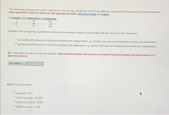 The following sample data reflect shipments received by a large firm from three different vendors and the quality of those shipments.
(You may find it useful to reference the appropriate table: chi-square table or Ftable)
Vendor
Defective
Acceptable
112
70
14
10
22
150
a. Select the competing hypotheses to determine whether quality is associated with the source of the shipments.
O Mo Quality and source of shipment (vendor) are independent: Ma: Quality and source of shipment (vendor) are dependent.
O Mo Quality and source of shipment (vendor) are dependent; Ha Quality and source of shipment (vendor) are independent.
b-1. Calculate the value of the test statistic (Round intermediate calculations to at least 4 decimal places and final answer to 3
decimal places.)
Tost atatistic
b-2. Find the p-value,
O pvalue > 0.01
O 0.01 s p-value <0.025
O 0.025 s p-value <0.05
O 0.05 s pvalue <0.10
