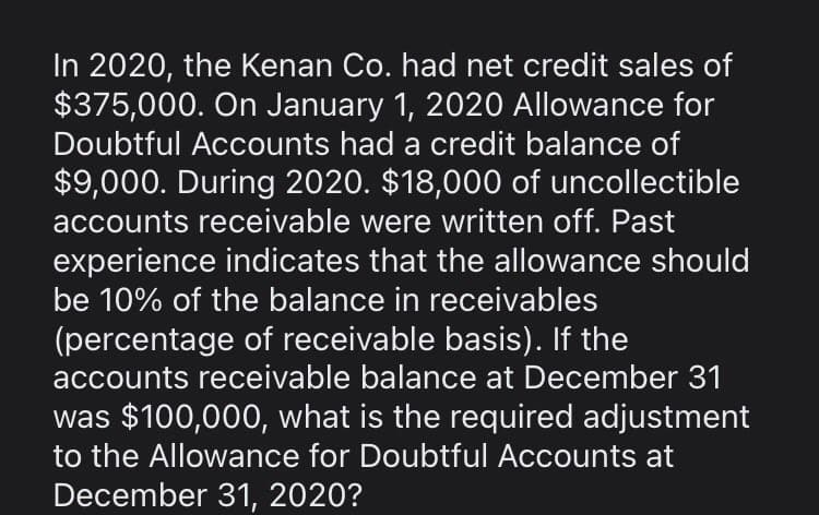 In 2020, the Kenan Co. had net credit sales of
$375,000. On January 1, 2020 Allowance for
Doubtful Accounts had a credit balance of
$9,000. During 2020. $18,000 of uncollectible
accounts receivable were written off. Past
experience indicates that the allowance should
be 10% of the balance in receivables
(percentage of receivable basis). If the
accounts receivable balance at December 31
was $100,000, what is the required adjustment
to the Allowance for Doubtful Accounts at
December 31, 2020?
