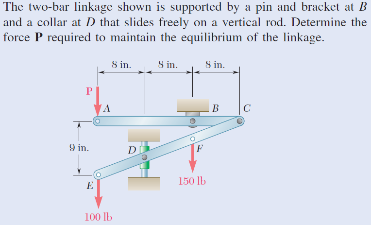 The two-bar linkage shown is supported by a pin and bracket at B
and a collar at D that slides freely on a vertical rod. Determine the
force P required to maintain the equilibrium of the linkage.
8 in.
8 in.
8 in.
P
(A
B
9 in.
150 lb
100 lb
