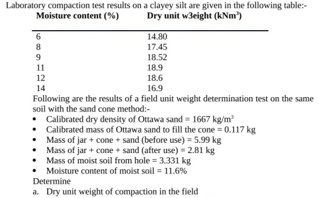 Laboratory compaction test results on a clayey silt are given in the following table:-
Moisture content (%)
Dry unit w3eight (kNm³)
14.80
8
17.45
18.52
11
18.9
12
18.6
14
16.9
Following are the results of a field unit weight determination test on the same
soil with the sand cone method:-
• Calibrated dry density of Ottawa sand = 1667 kg/m³
• Calibrated mass of Ottawa sand to fill the cone = 0.117 kg
• Mass of jar + cone + sand (before use) = 5.99 kg
• Mass of jar + cone + sand (after use) = 2.81 kg
• Mass of moist soil from hole = 3.331 kg
• Moisture content of moist soil = 11.6%
Determine
a. Dry unit weight of compaction in the field
