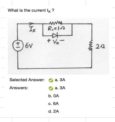 What is the current lx?
www.
RiI2
Ix
Vx
6v
2-2
а. ЗА
Selected Answer:
а. ЗА
Answers:
b. 0A
c. 6A
d. 2A
ww
