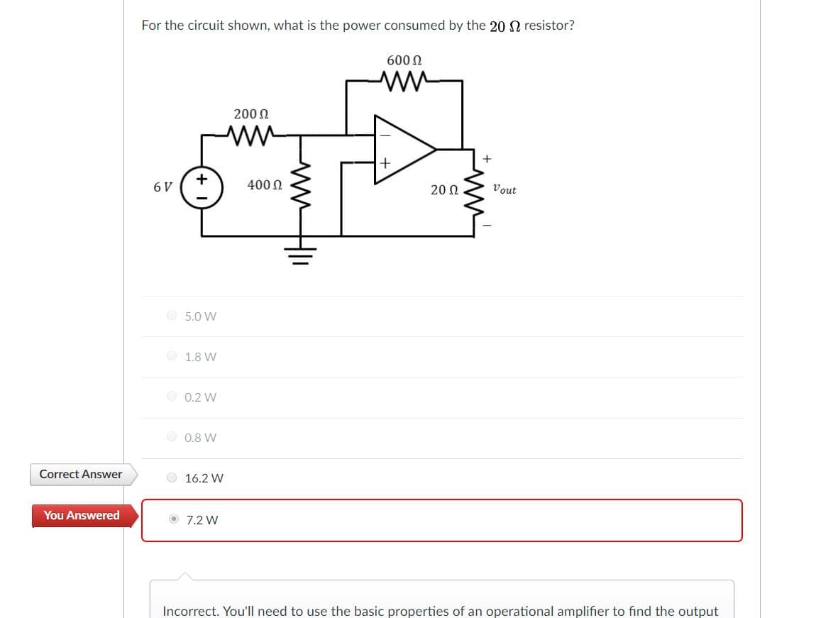 For the circuit shown, what is the power consumed by the 20 N resistor?
600 0
200 0
4000
Vout
20 0
O 5.0 W
1.8 W
O 0.2 W
0.8 W
Correct Answer
O 16.2 W
You Answered
O 7.2 W
Incorrect. You'll need to use the basic properties of an operational amplifier to find the output
