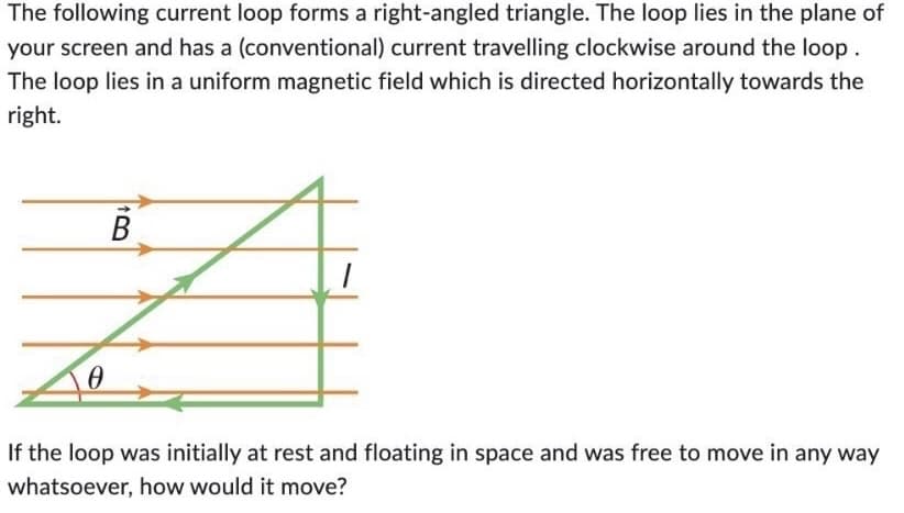 The following current loop forms a right-angled triangle. The loop lies in the plane of
your screen and has a (conventional) current travelling clockwise around the loop.
The loop lies in a uniform magnetic field which is directed horizontally towards the
right.
0
B
1
If the loop was initially at rest and floating in space and was free to move in any way
whatsoever, how would it move?