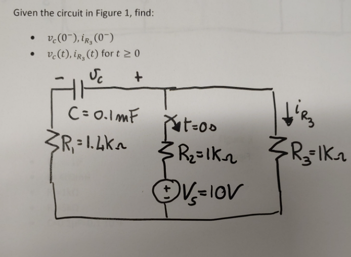 Given the circuit in Figure 1, find:
vc (07), iR₂ (0)
• vc(t), iR₂ (t) for t ≥ 0
+
ALE
●
C=0.1mF
3R₁ = 1.4K₁
t=00
R₂=1K₂
ⒸV₂=10V
irm
=R₂=1K_₁