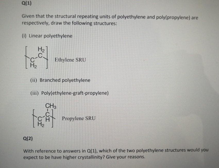 Q(1)
Given that the structural repeating units of polyethylene and poly(propylene) are
respectively, draw the following structures:
(i) Linear polyethylene
H2
Ethylene SRU
Н
(ii) Branched polyethylene
(iii) Poly(ethylene-graft-propylene)
CH3
Propylene SRU
H2
Q(2)
With reference to answers in Q(1), which of the two polyethylene structures would you
expect to be have higher crystallinity? Give your reasons.
