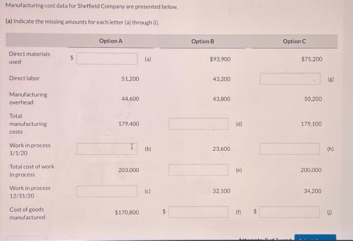 Manufacturing cost data for Sheffield Company are presented below.
(a) Indicate the missing amounts for each letter (a) through (i).
Direct materials
used
Direct labor
Manufacturing
overhead
Total
manufacturing
costs
Work in process
1/1/20
Total cost of work
in process
Work in process
12/31/20
Cost of goods
manufactured
$
Option A
51,200
44,600
179,400
203,000
$170,800
(a)
(b)
(c)
$
Option B
$93,900
43,200
43,800
23,600
32,100
(e)
$
Alamat
Option C
$75,200
50,200
179,100
200,000
34,200
(h)
()