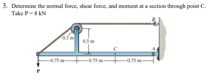 3. Determine the normal force, shear force, and moment at a section through point C.
Take P = 8 kN
B
0.1'm
0.5 m
-0.75 m-
-0.75 m-
-0.75 m-
P
