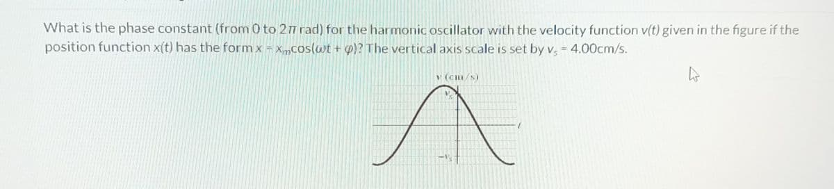 What is the phase constant (from 0 to 2 rad) for the harmonic oscillator with the velocity function v(t) given in the figure if the
position function x(t) has the form x = XmCos(wt + p)? The vertical axis scale is set by v, = 4.00cm/s.
!!
v (cm/s)
