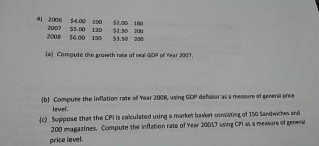 4) 2006
$4.00 100
$2.00 180
$2.50 200
2007
$5.00 120
2008
$6.00 150
$3.50 200
(a) Compute the growth rate of real GDP of Year 2007.
(b) Compute the inflation rate of Year 2008, using GDP deflator as a measure of general price
level.
(c) Suppose that the CPI is calculated using a market basket consisting of 150 Sandwiches and
200 magazines. Compute the inflation rate of Year 20017 using CPI as a measure of general
price level.
