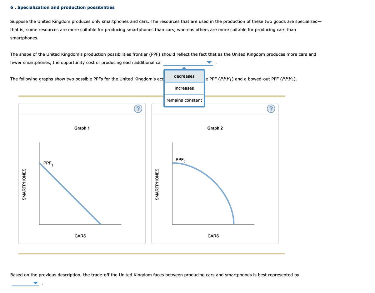 6. Specialization and production possibilities
Suppose the United Kingdom produces only smartphones and cars. The resources that are used in the production of these two goods are specialized-
that is, some resources are more suitable for producing smartphones than cars, whereas others are more suitable for producing cars than
smartphones.
The shape of the United Kingdom's production possibilities frontier (PPF) should reflect the fact that as the United Kingdom produces more cars and
fewer smartphones, the opportunity cost of producing each additional car
decreases
The following graphs show two possible PPFS for the United Kingdom's ecc
PPF (PPF1) and a bowed-out PPF (PPF2).
increases
remains constant
Graph 1
Graph 2
PPF,
PPF,
1
CARS
CARS
Based on the previous description, the trade-off the United Kingdom faces between producing cars and smartphones is best represented by
SMARTPHONES
SMARTPHONES
